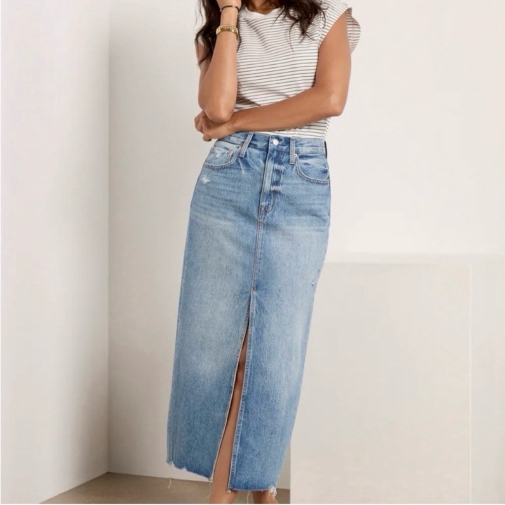 pistola Light Blue Denim Midi Skirt with Front Slit and Raw Hem